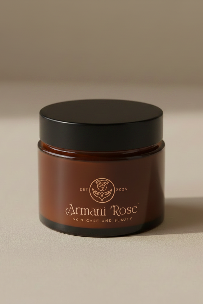Amber glass jar with black lid and repositioned Armani Rose label