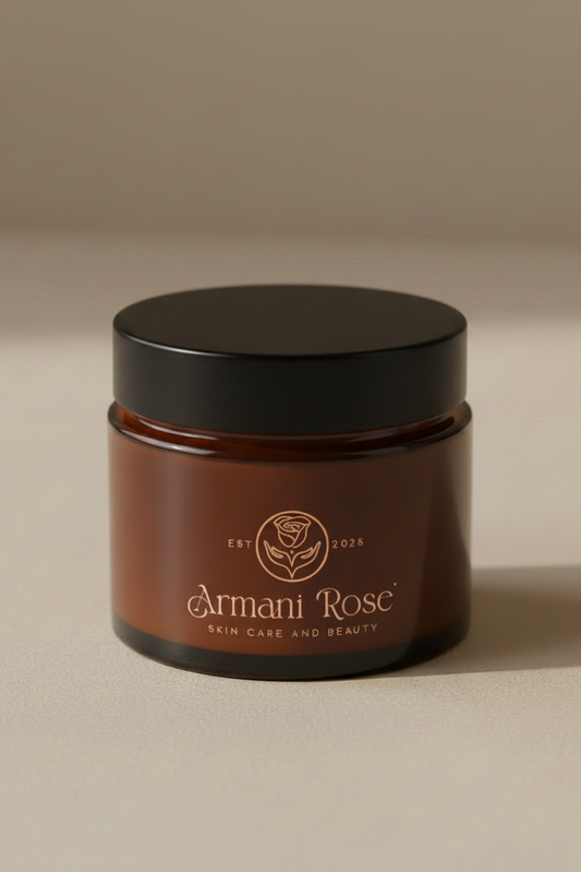 Amber glass jar with black lid and repositioned Armani Rose label