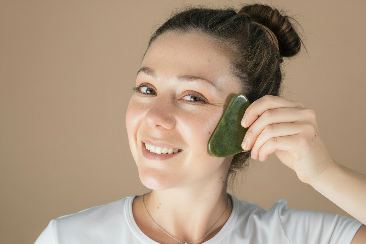 Woman with glowing skin and jade gua sha, beige background
